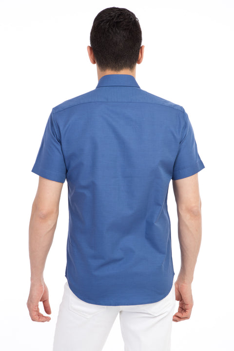 Navy Blue Short-Sleeved Patterned Slim Fit Cotton Shirt