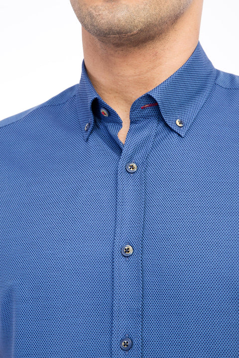 Navy Blue Short-Sleeved Patterned Slim Fit Cotton Shirt