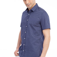 Navy Blue Short Sleeve Slim Fit Patterned Cotton Shirt