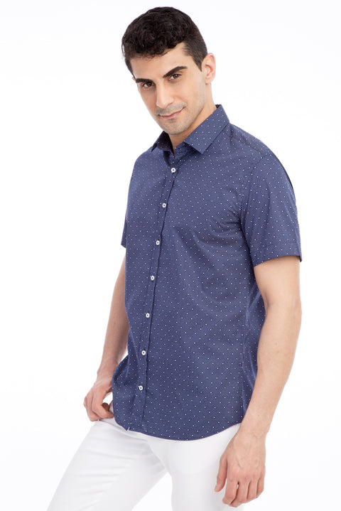 Navy Blue Short Sleeve Slim Fit Patterned Cotton Shirt