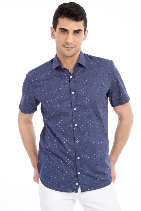 Navy Blue Short Sleeve Slim Fit Patterned Cotton Shirt