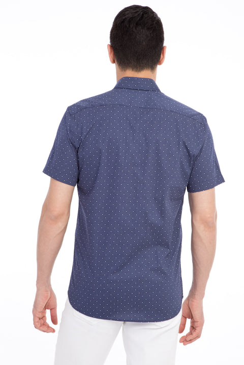 Navy Blue Short Sleeve Slim Fit Patterned Cotton Shirt