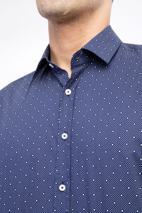 Navy Blue Short Sleeve Slim Fit Patterned Cotton Shirt