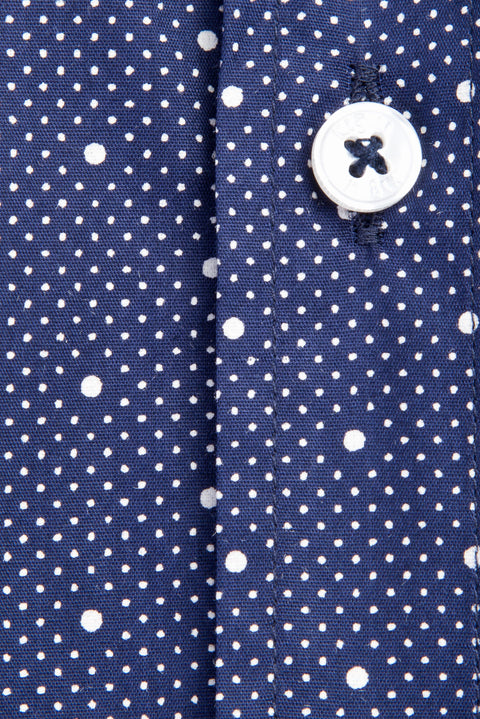 Navy Blue Short Sleeve Slim Fit Patterned Cotton Shirt