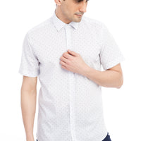 White Short Sleeve Slim Fit Patterned Cotton Shirt