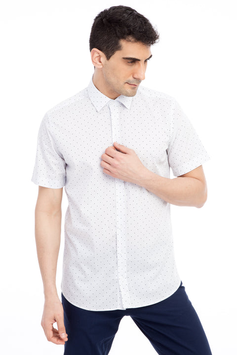 White Short Sleeve Slim Fit Patterned Cotton Shirt