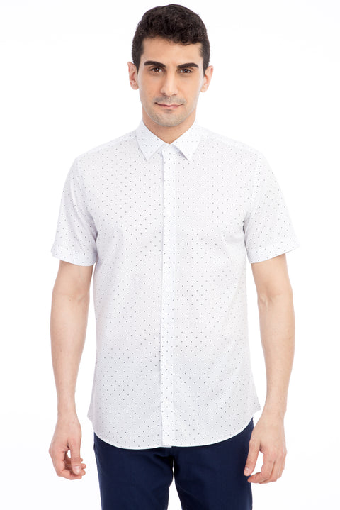 White Short Sleeve Slim Fit Patterned Cotton Shirt