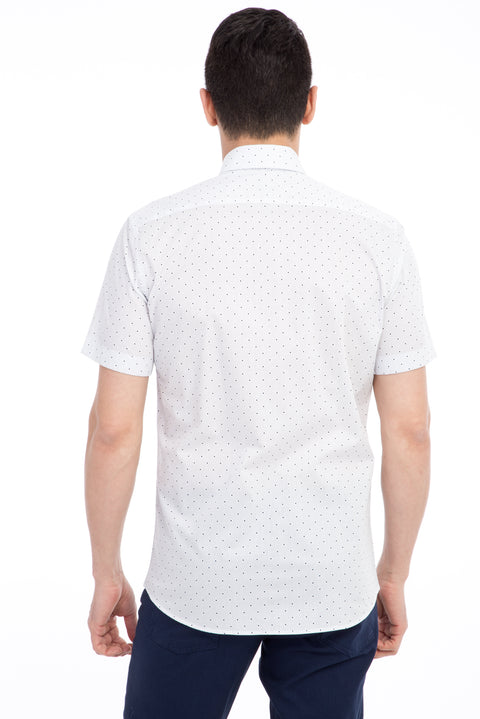 White Short Sleeve Slim Fit Patterned Cotton Shirt