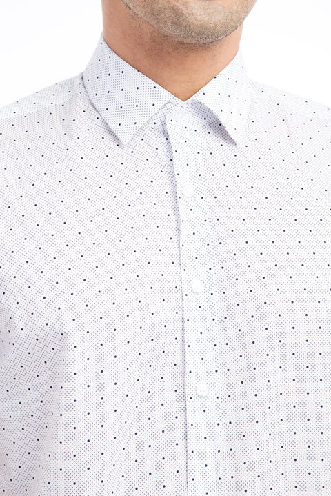 White Short Sleeve Slim Fit Patterned Cotton Shirt