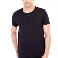 Black Crew Neck Button-Down Regular Fit Cotton T-Shirt