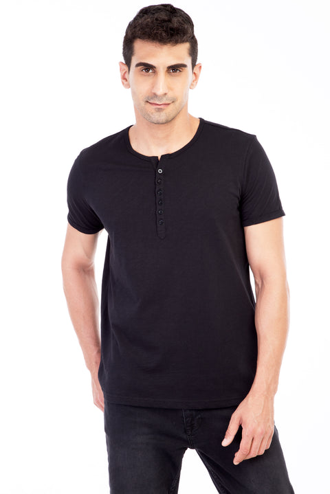 Black Crew Neck Button-Down Regular Fit Cotton T-Shirt