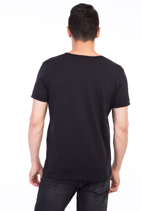 Black Crew Neck Button-Down Regular Fit Cotton T-Shirt
