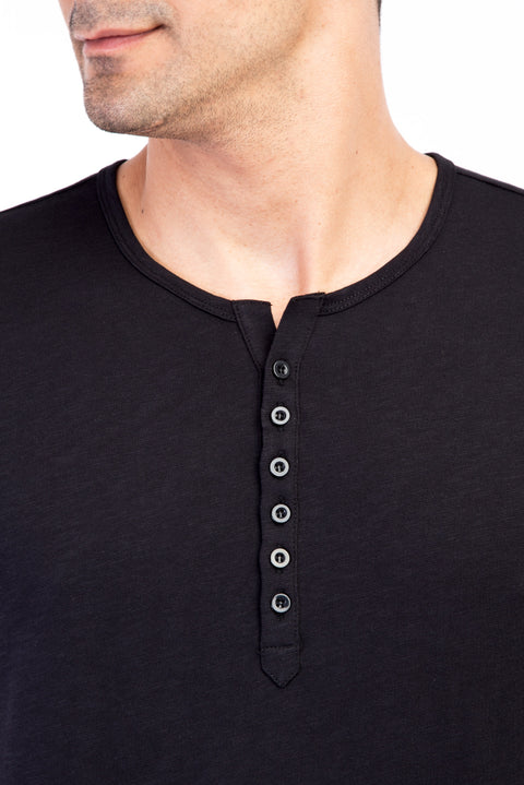 Black Crew Neck Button-Down Regular Fit Cotton T-Shirt