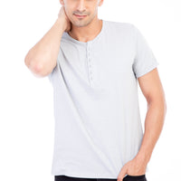 Light Grey Crew Neck Buttoned Regular Fit Cotton T-Shirt