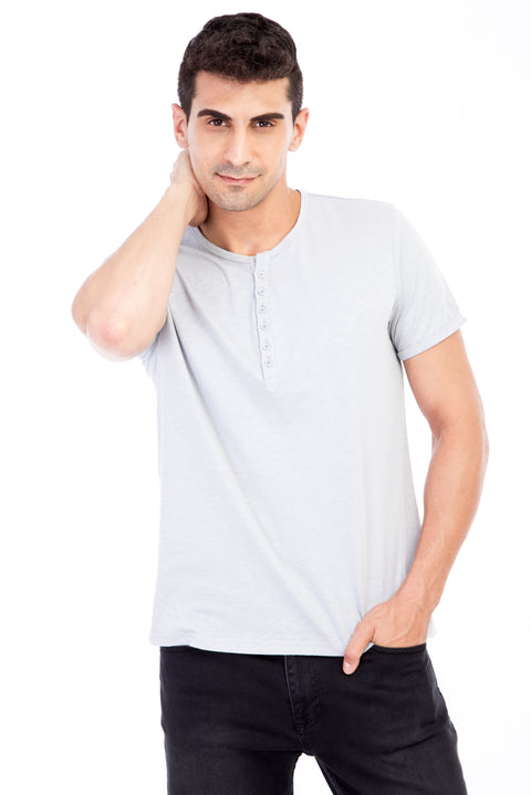 Light Grey Crew Neck Buttoned Regular Fit Cotton T-Shirt