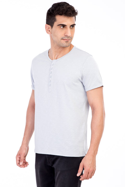 Light Grey Crew Neck Buttoned Regular Fit Cotton T-Shirt