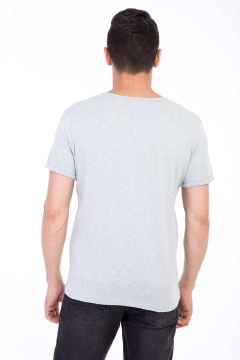 Light Grey Crew Neck Buttoned Regular Fit Cotton T-Shirt