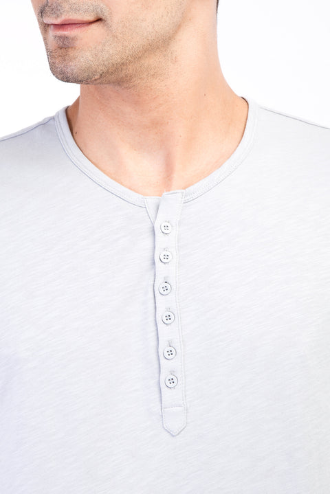 Light Grey Crew Neck Buttoned Regular Fit Cotton T-Shirt