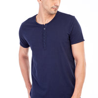 Navy Blue Regular Fit Button-Down Collar Cotton T-Shirt