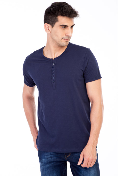 Navy Blue Regular Fit Button-Down Collar Cotton T-Shirt