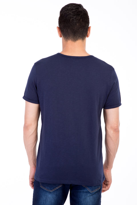 Navy Blue Regular Fit Button-Down Collar Cotton T-Shirt