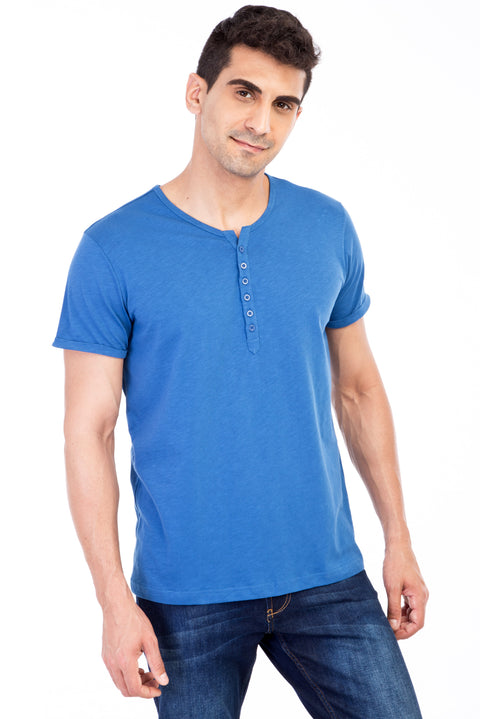Blue Regular Fit Button-Down Cotton T-Shirt
