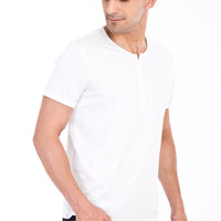 White Crew Neck Buttoned Regular Fit Cotton T-Shirt