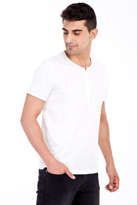 White Crew Neck Buttoned Regular Fit Cotton T-Shirt