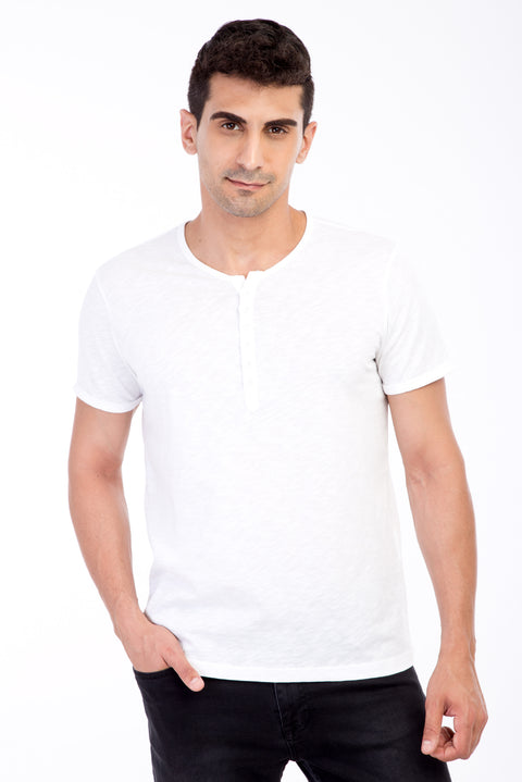 White Crew Neck Buttoned Regular Fit Cotton T-Shirt