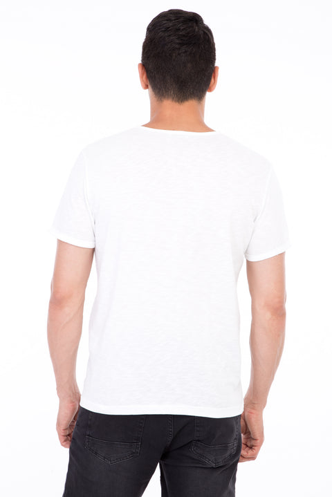 White Crew Neck Buttoned Regular Fit Cotton T-Shirt
