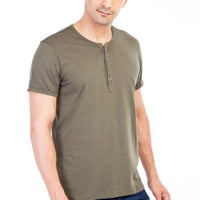 Khaki Regular Fit Button-Down Collar Cotton T-Shirt