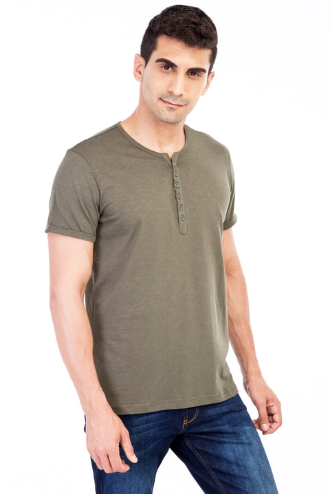 Khaki Regular Fit Button-Down Collar Cotton T-Shirt