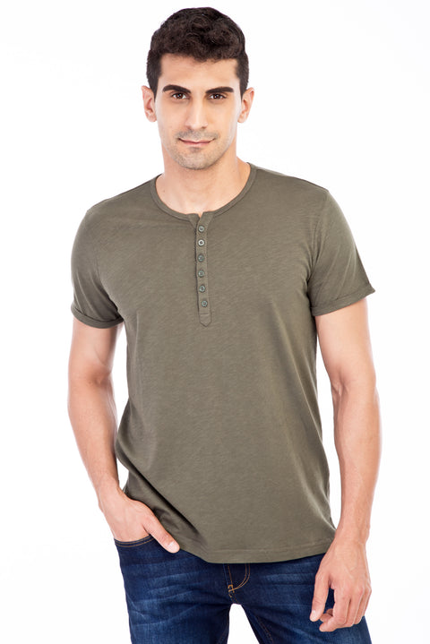 Khaki Regular Fit Button-Down Collar Cotton T-Shirt