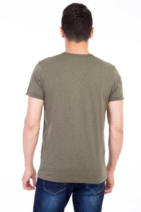 Khaki Regular Fit Button-Down Collar Cotton T-Shirt