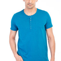 Petroleum Crew Neck Buttoned Regular Fit Cotton T-Shirt