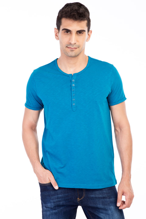Petroleum Crew Neck Buttoned Regular Fit Cotton T-Shirt