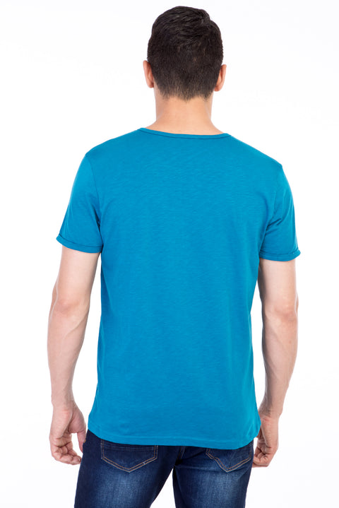 Petroleum Crew Neck Buttoned Regular Fit Cotton T-Shirt