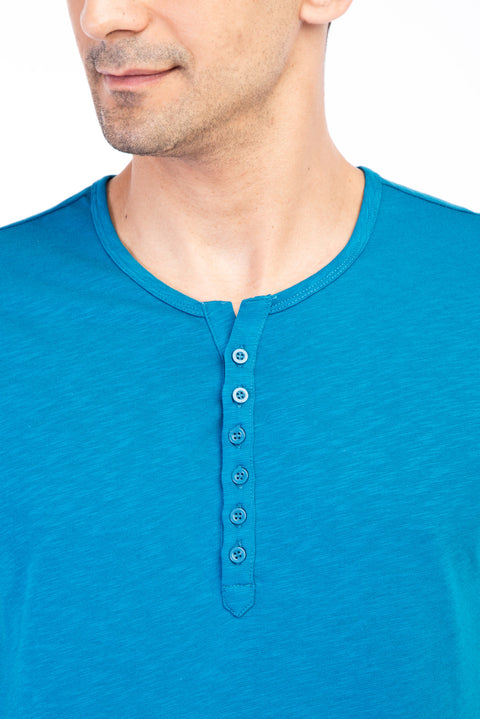 Petroleum Crew Neck Buttoned Regular Fit Cotton T-Shirt