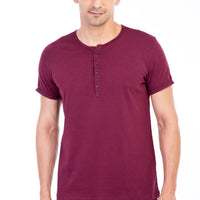 Burgundy Crew Neck Buttoned Regular Fit Cotton T-Shirt