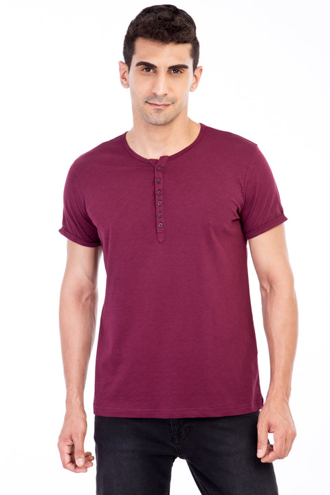 Burgundy Crew Neck Buttoned Regular Fit Cotton T-Shirt