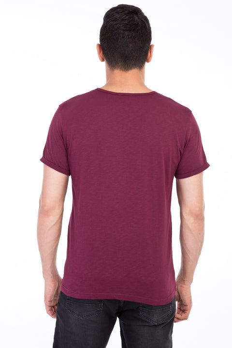 Burgundy Crew Neck Buttoned Regular Fit Cotton T-Shirt