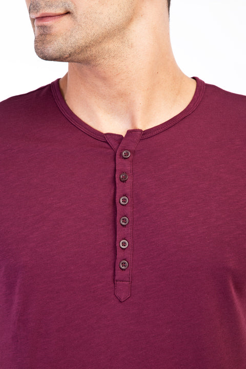 Burgundy Crew Neck Buttoned Regular Fit Cotton T-Shirt