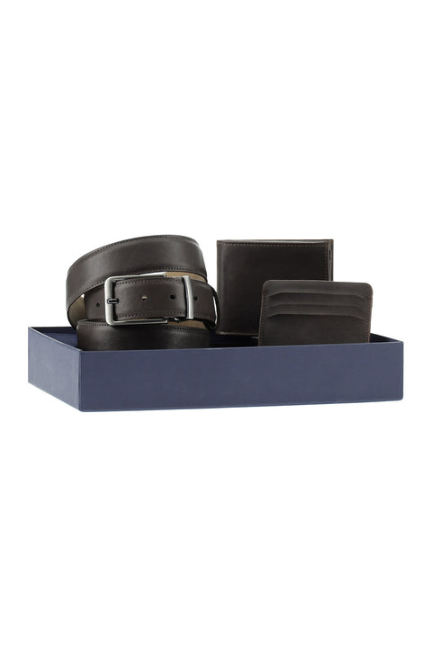 Coffee Patterned 3-Piece Belt, Wallet & Card Holder Set in Gift Box