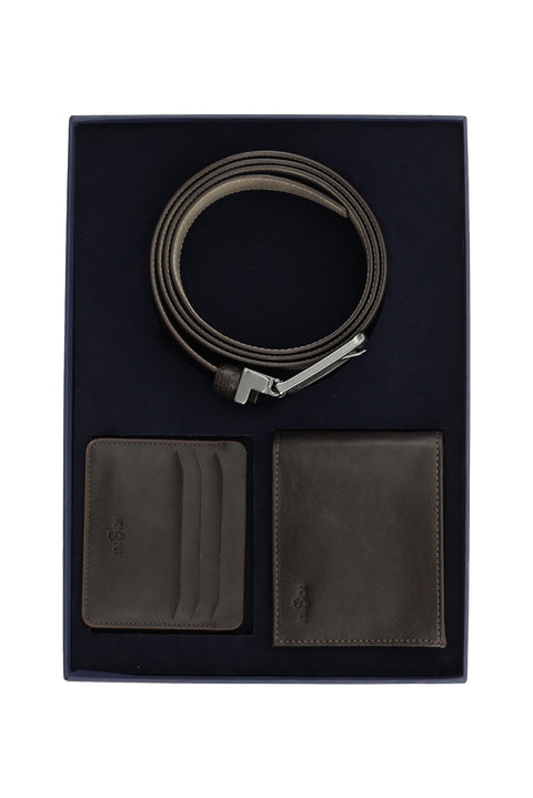 Coffee Patterned 3-Piece Belt, Wallet & Card Holder Set in Gift Box