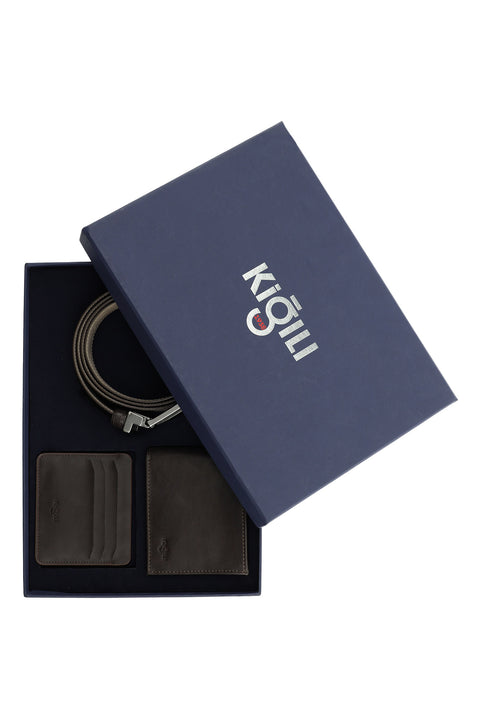 Coffee Patterned 3-Piece Belt, Wallet & Card Holder Set in Gift Box