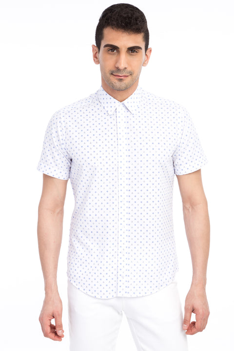 Beyaz Kısa Kol Baskılı Slim Fit Dar Kesim Gömlek