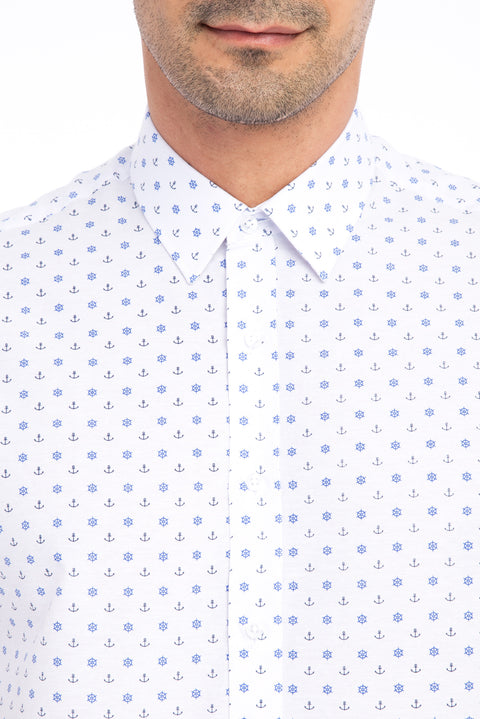 Beyaz Kısa Kol Baskılı Slim Fit Dar Kesim Gömlek