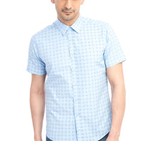 Açık Mavi Kısa Kol Slim Fit Dar Kesim Baskılı Gömlek