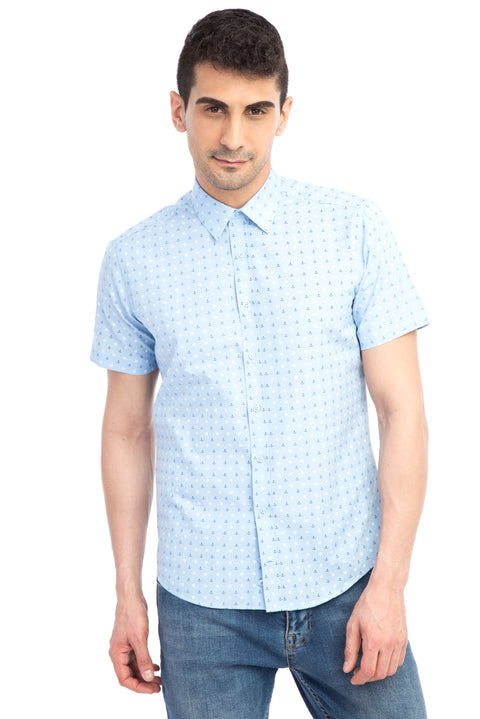 Açık Mavi Kısa Kol Slim Fit Dar Kesim Baskılı Gömlek