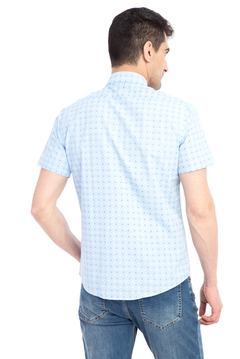 Açık Mavi Kısa Kol Slim Fit Dar Kesim Baskılı Gömlek